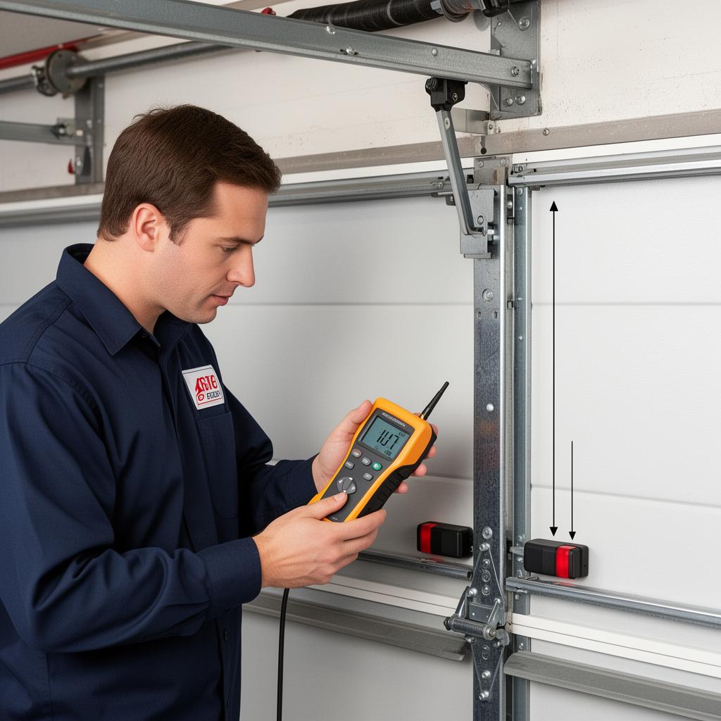 Professional garage door technician diagnosing and repairing garage door sensor in Uxbridge MA